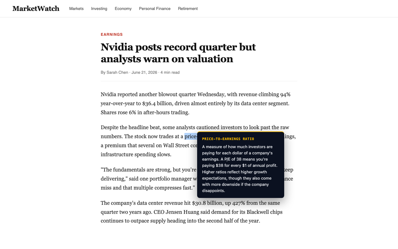 Greater Fool explaining 'price-to-earnings ratio' on a financial news article